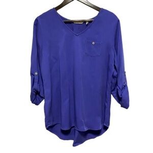 Soft Surroundings Blouse Womens XS Blue Pullover Roll Tab Sleeve Lyocell Relaxed